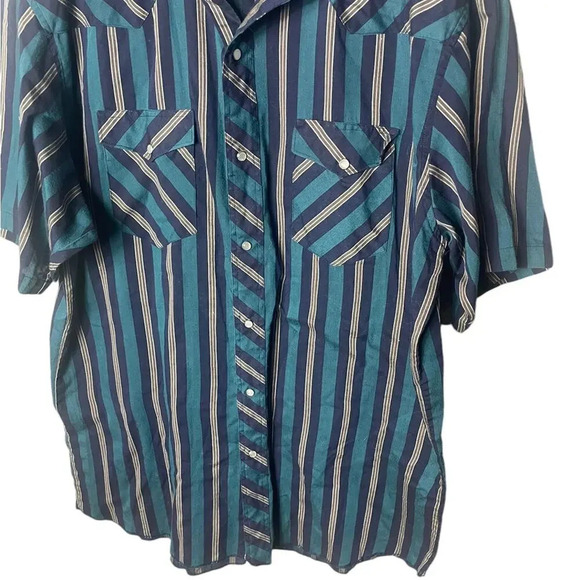 Wrangler Men’s Vintage Striped Pearl Snap Short Sleeve Western Shirt Teal Blue - Picture 4 of 7